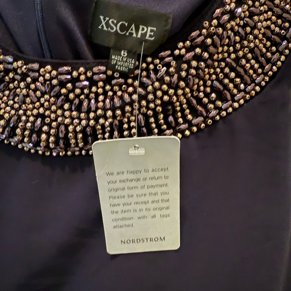 Xscape navy blue cape Sleeve Dress with Embellished  beaded Neckline